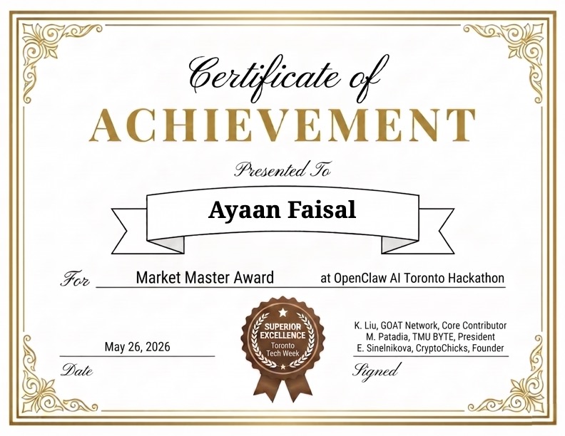 Market Master Award — Agora hackathon certificate