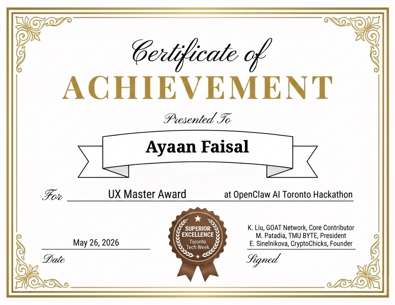 UX Master Award — Agora hackathon certificate