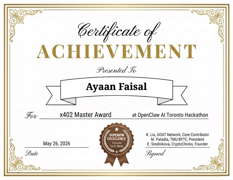 x402 Master Award — Agora hackathon certificate