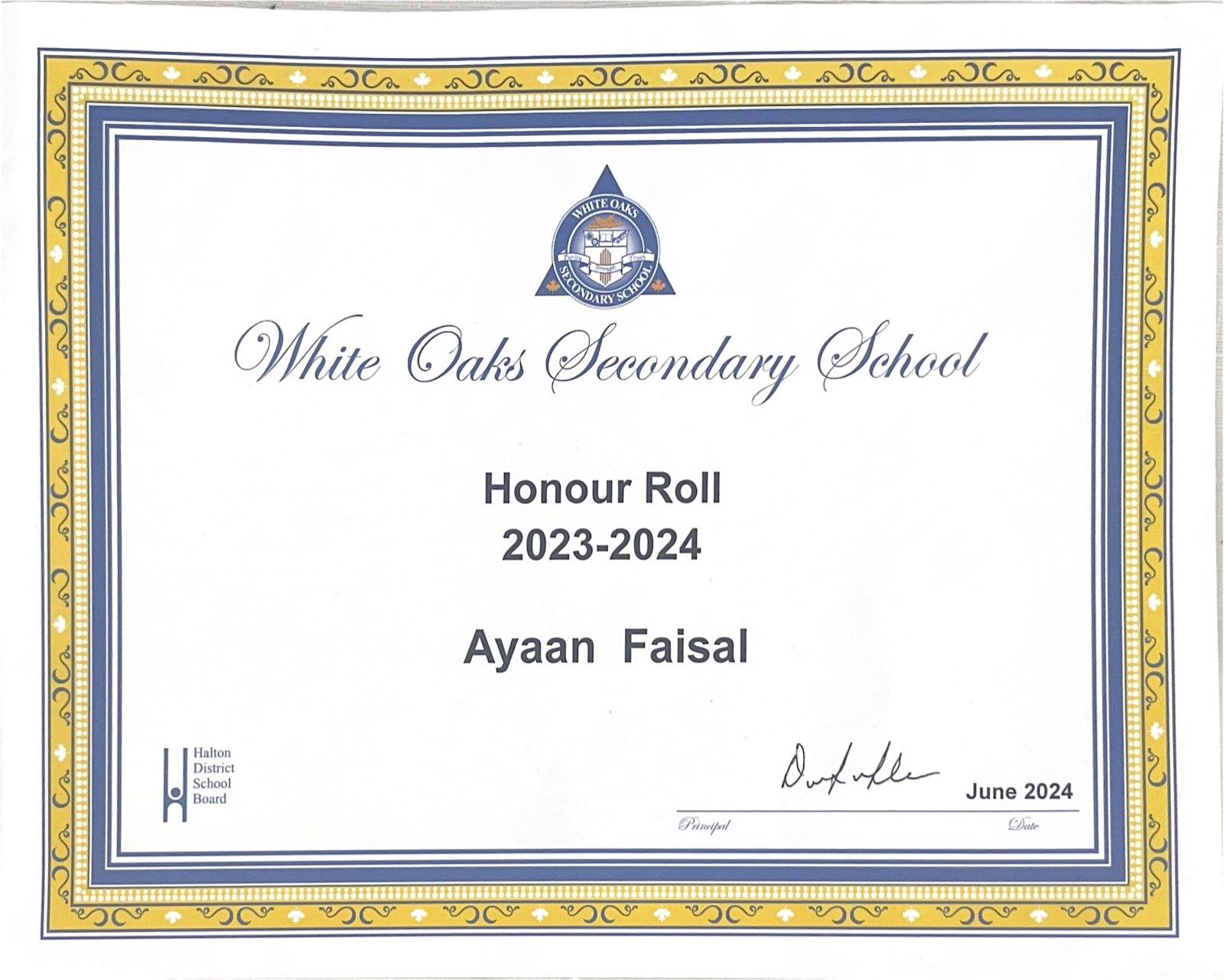 Honor Roll 2024 certificate